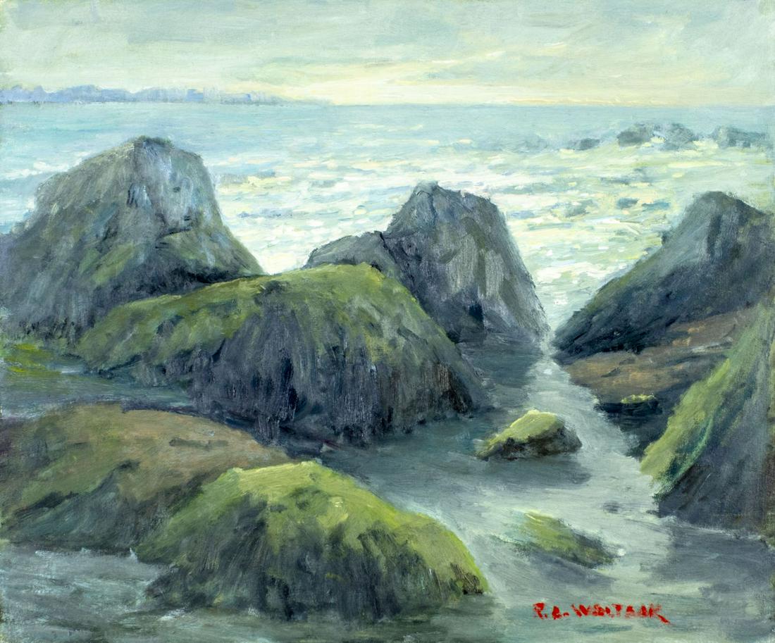 Robert Waltsak (NJ,b 1944) oil painting: ARTIST: Robert Alan Waltsak (New Jersey, born 1944) TITLE: Rocky Coast MEDIUM: oil on canvas. Canvas applied to board. CONDITION: Very good. No visible inpaint under UV light. ART SIZE: 20 x 24 inches