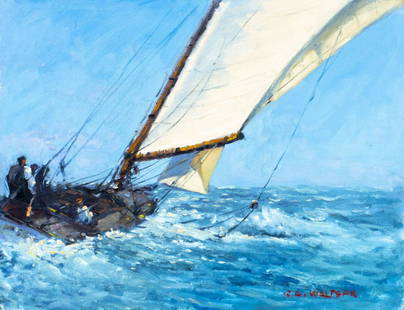 Robert Waltsak (NJ,b 1944) oil painting: ARTIST: Robert Alan Waltsak (New Jersey, born 1944) TITLE: Sailing Yacht MEDIUM: oil on canvas. Canvas applied to board. CONDITION: Very good. No visible inpaint under UV light. ART SIZE: 19 x 24 inch