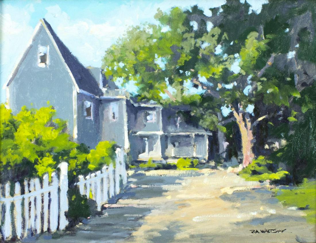 Robert Waltsak (NJ,b 1944) oil painting: ARTIST: Robert Alan Waltsak (New Jersey, born 1944) TITLE: Beach House, Jersey Shore (titled on verso) MEDIUM: oil on canvas CONDITION: Very good. No visible inpaint under UV light. ART SIZE: 18 x 24 