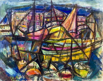 Martin Rosenthal (NY,MA,1899-1974) mixed media painting: ARTIST: Martin Rosenthal (New York, Massachusetts, 1899 - 1974) TITLE: Harbor Scene, Palma Mallorca MEDIUM: mixed media on heavy paper CONDITION: Minor damages to edges. ART SIZE: 21 x 26 inches /