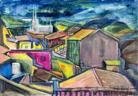 Martin Rosenthal (NY,MA,1899-1974) watercolor painting: ARTIST: Martin Rosenthal (New York, Massachusetts, 1899 - 1974) TITLE: Abstract Cityscape - Valldemosa Mallorca YEAR: 1953 MEDIUM: watercolor on paper CONDITION: Very good. ART SIZE: 13 x 18 inches /
