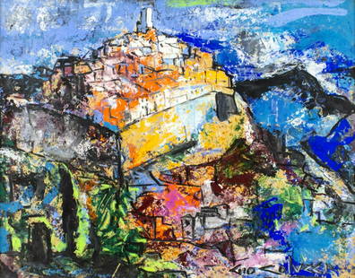 Gio Colucci (Italy,1892-1974) mixed media painting: ARTIST: Gio Colucci (Italian, 1892 - 1974) TITLE: Abstract Landscape MEDIUM: mixed media on board CONDITION: Very good. Framed under the glass. Wear to frame. ART SIZE: 17 x 23 inches / 43 x 58 cm FRA