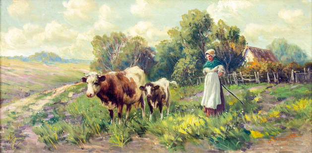 Antique early 20C European oil painting signed: ARTIST: - (European, early 20 century) TITLE: Shepherdess with Cows MEDIUM: oil on canvas CONDITION: Few minor paint losses. Very minor craquelure. No visible inpaint under UV light. Some damages to f