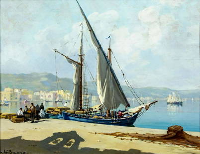 Leon Giuseppe Buono (Italy,1887-1975) oil painting: ARTIST: Leon Giuseppe Buono (Italian, 1887 - 1975) TITLE: Harbor Scene MEDIUM: oil on board CONDITION: One scratch 1 1/2" long. No visible inpaint under UV light. ART SIZE: 14 x 18 inches / 35 x 45 cm