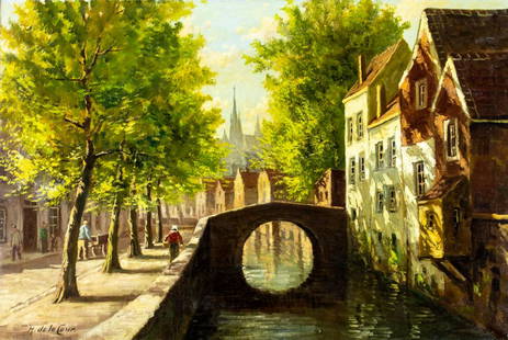 H de la Cour (Belgium,1890-?) oil painting: ARTIST: H de la Cour (Belgian, 1890 - ???) TITLE: Along the Canal Gent, Belgium MEDIUM: oil on canvas CONDITION: Missing a few flakes of paint. Minor craquelure. No visible inpaint under UV light. Som