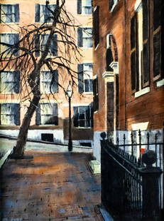 Joy Biddle (MA,ME,1928-2007) oil painting: ARTIST: Joy Biddle (Massachusetts, Maine, 1928 - 2007) TITLE: Cityscape - Beacon Hill, Boston (titled on stretcher) MEDIUM: oil on canvas CONDITION: Very good. No visible inpaint under UV light. Wear