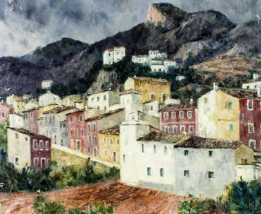 Zoltan Poharnok (Hungary,1905-1976) oil painting: ARTIST: Zoltan Poharnok (Hungarian, 1905 - 1976) TITLE: Cityscape MEDIUM: oil on canvas CONDITION: Two patches. Some scratches/paint losses. No visible inpaint under UV light. ART SIZE: 24 x 29 inches