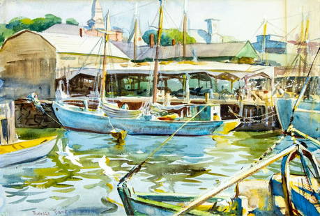 Rutledge Bate (NY,MA,1891-1964) watercolor painting: ARTIST: Rutledge Bate (New York, Massachusetts, 1891 - 1964) TITLE: Marina in Gloucester MEDIUM: watercolor on paper CONDITION: Some uneven age toning. Framed under glass. Wear to frame. ART SIZE: 15