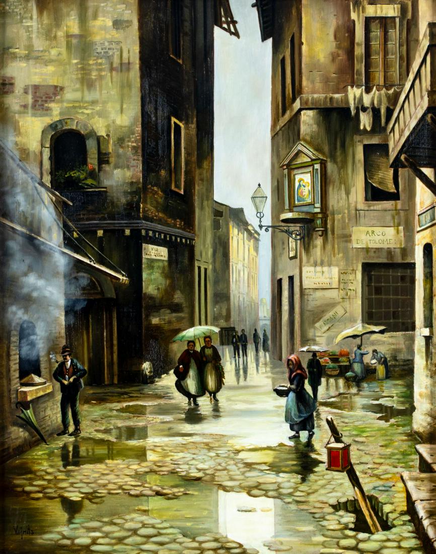 Richard Vojnits (Hungary,b 1942) oil painting: ARTIST: Richard Vojnits (Hungarian, born 1942) TITLE: Street Scene MEDIUM: oil on board CONDITION: Very good. No visible inpaint under UV light. ART SIZE: 20 x 16 inches / 50 x 40 cm FRAME SIZE: 29 x