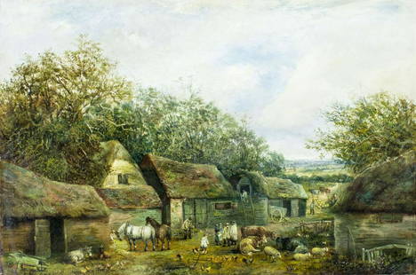 Henry Follenfant (France,19/20C) oil painting antique: ARTIST: Henry Follenfant (French, 19/20 centuries) TITLE: Farmyard Scene MEDIUM: oil on canvas. Canvas applied to board. CONDITION: Few minor paint losses. Minor craquelure. Few small scattered inpait
