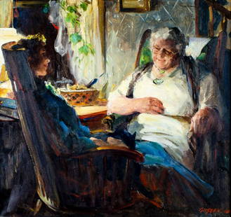 Leland Gustavson (NY,IL,1899-1966) oil painting: ARTIST: Leland Roger Gustavson (New York, Illinois, 1899 - 1966) TITLE: Two Seated Women MEDIUM: oil on canvas CONDITION: Few minor paint losses. Minor craquelure. No visible inpaint under UV light. M