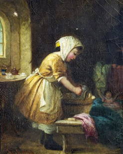 Louis Lang (German,NY,PA,1812-1893) oil painting antique: ARTIST: Louis Lang (Germany, New York, Pennsylvania, 1812 - 1893) TITLE: Girl Washing Clothes MEDIUM: oil on canvas CONDITION: One small patch. Few small paint losses. Some craquelure. No visible inpa