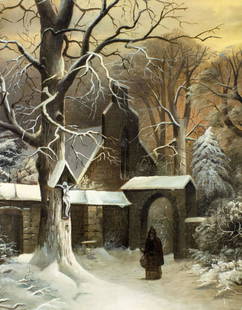 Antique 19C European oil painting: ARTIST: - (Europe, 19 century) TITLE: Winter Monastery Scene MEDIUM: oil on canvas. Canvas applied to board. CONDITION: Few minor scratches/paint losses. Minor craquelure. Few small inpaintings (bigge