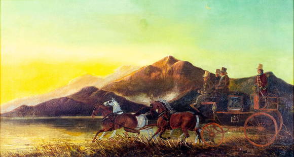 Antique 19C British oil painting: ARTIST: - (United Kingdom, 19 century) TITLE: Sunset Coach Scene MEDIUM: oil on canvas CONDITION: Relined. Some craquelure. Few small inpaintings. ART SIZE: 18 x 32 inches / 45 x 81 cm FRAME SIZE: 23