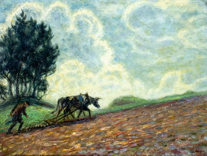 Walther Gasch (German,1886-1962) oil painting antique: ARTIST: Walther Gasch (Germany, 1886 - 1962) TITLE: Man Plowing YEAR: 1914 MEDIUM: oil on board CONDITION: Normal wear along edges. No visible inpaint under UV light. ART SIZE: 13 x 17 inches / 33 x 4
