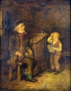 Mark William Langlois (UK,1848-1924) oil painting antique: ARTIST: Mark William Langlois (British, 1848 - 1924) TITLE: Teacher and Boy MEDIUM: oil on canvas CONDITION: Relined. Few scattered inpaitings. Some damages to frame. ART SIZE: 21 x 17 inches / 53 x 4