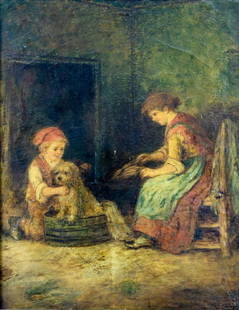 Mark William Langlois (UK,1848-1924) oil painting antique: ARTIST: Mark William Langlois (British, 1848 - 1924) TITLE: Bathing the Dog MEDIUM: oil on canvas CONDITION: Relined. Some repaired tears. Few paint losses. Minor craquelure. Some inpainting in upper