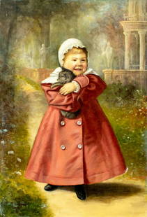 H L Ritchie (US,early 20C) oil painting antique: ARTIST: H L Ritchie (American, early 20 century) TITLE: Girl in Red Coat with Cat MEDIUM: oil on canvas CONDITION: Relined. Two small patches. Some minor paint losses. Normal wear along edges. Some in