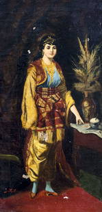 L Muller (German,19C) oil painting antique: ARTIST: L Muller (Germany, 19 century) TITLE: Oriental Woman MEDIUM: oil on canvas CONDITION: Few patches. Some paint losses. Some craquelure. Few minor inpaintings/touch ups. ART SIZE: 21 x 11 inches