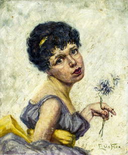 Elsie Flex (German,19/20C) oil painting antique: ARTIST: Elsie Flex (Germany, 19/20 centuries) TITLE: Lady with Flower MEDIUM: oil on canvas CONDITION: Two small patches. Few small paint losses. Some craquelure. No visible inpaint under UV light. AR