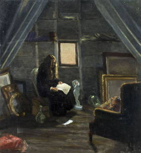 Milton (US,20C) oil painting: ARTIST: Milton (American, 20 century) TITLE: Girl in the Attic with Art YEAR: 1970 MEDIUM: oil on board CONDITION: Few faint scratches. Few minor paint losses along edges. No visible inpaint under UV