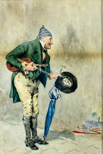 Luigi Da Costa (Italy,19C) watercolor painting antique: ARTIST: Luigi Da Costa (Italian, 19 century) TITLE: Street Musician with Violin MEDIUM: watercolor on paper CONDITION: Some uneven age toning. Framed under glass. ART SIZE: 14 x 9 inches / 35 x 22 cm