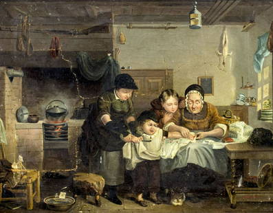 J Brooker (Europe,19C) oil painting antique: ARTIST: J Brooker (European, 19 century) TITLE: Interior Scene MEDIUM: oil on canvas CONDITION: Some repaired tears. Some paint losses. Minor craquelure. Few small inpaintings. ART SIZE: 12 x 15 inche