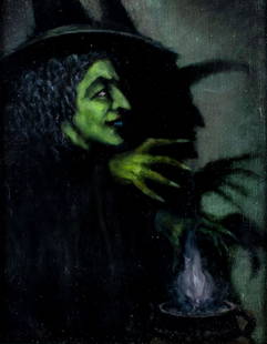 Vintage mid 20C American oil painting signed: ARTIST: - (American, mid 20 century) TITLE: Happy Witch MEDIUM: oil on canvas board CONDITION: Very good. No visible inpaint under UV light. Wear to frame. ART SIZE: 14 x 11 inches / 35 x 27 cm FRAME