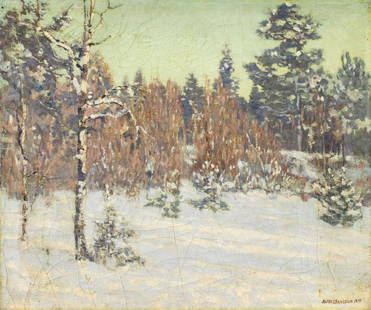 Alfred Jansson (IL,Sweden,1863-1931) oil painting antique: ARTIST: Alfred Jansson (Illinois, Swedish, 1863 - 1931) TITLE: Winter Landscape YEAR: 1917 MEDIUM: oil on canvas CONDITION: One small patch. Few small paint losses. Three nail hole punctures in upper