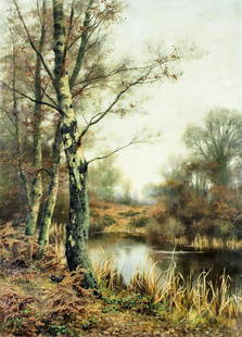 Walter Boodle (UK,1859-1914) oil painting antique: ARTIST: Alfred E Walter Boodle (British, 1859 - 1914) TITLE: Landscape - Autumn Morn MEDIUM: oil on canvas CONDITION: Relined. Minor craquelure. Few scattered inpaintings. Normal wear along edges. ART