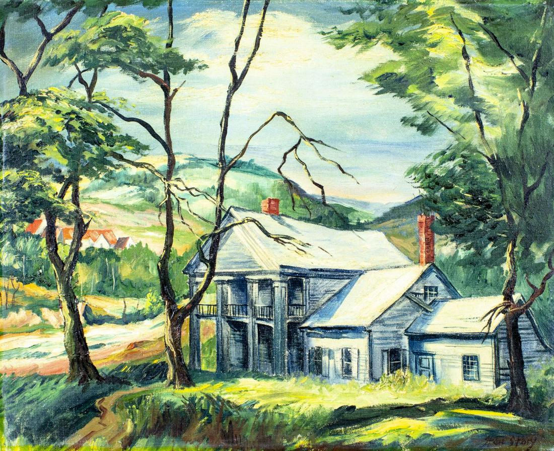 Stephen Story (NY,1915-1988) oil painting: ARTIST: Stephen S Story (New York, 1915 - 1988) TITLE: Cottage Landscape MEDIUM: oil on canvas CONDITION: Few minor paint losses. No visible inpaint under UV light. ART SIZE: 16 x 20 inches / 40 x 50