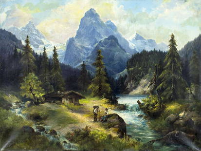 J Frank (Europe,19C) oil painting antique: ARTIST: J Frank (European, 19 century) TITLE: Mountain River Landscape MEDIUM: oil on canvas CONDITION: Few small scratches/paint losses. Minor craquelure. Some scattered small inpaitings mostly on th