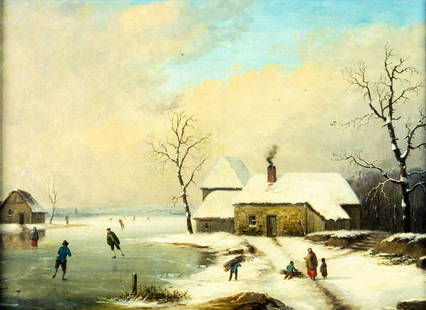 Antique 19C European oil painting signed: ARTIST: - (Europe, 19 century) TITLE: Winter Country Landscape MEDIUM: oil on canvas CONDITION: Relined. Few small paint losses. Some craquelure. Few small inpaintings/touch ups. Some damages to frame