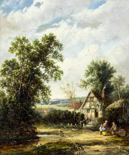 Antique 19C British oil painting: ARTIST: - (United Kingdom, 19 century) TITLE: Country Landscape MEDIUM: oil on canvas CONDITION: One small patch. Few small paint losses. Minor craquelure. No visible inpaint under UV light. ART SIZE: