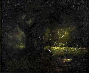 Antique 19C American oil painting: ARTIST: - (American, 19 century) TITLE: Night Forest Landscape MEDIUM: oil on canvas. Canvas applied to board. CONDITION: Some stable craquelure. No visible inpaint under UV light. ART SIZE: 7 x 9 inc