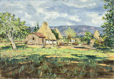 Antonio Cannata (Italy,1895-1960) oil painting: ARTIST: Antonio Cannata (Italian, 1895 - 1960) TITLE: Country Landscape MEDIUM: oil on board CONDITION: Minor damage to lower right corner. Few minor paint losses. No visible inpaint under UV light. A