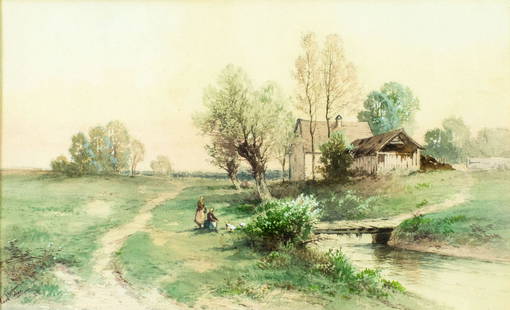 Carl Weber (PA,German,1850-1921) watercolor painting antique: ARTIST: Carl Weber (Germany, Pennsylvania, 1850 - 1921) TITLE: Country Landscape MEDIUM: watercolor on paper CONDITION: Some age toning. Framed under glass. Some damages to frame. ART SIZE: 13 x 21 in