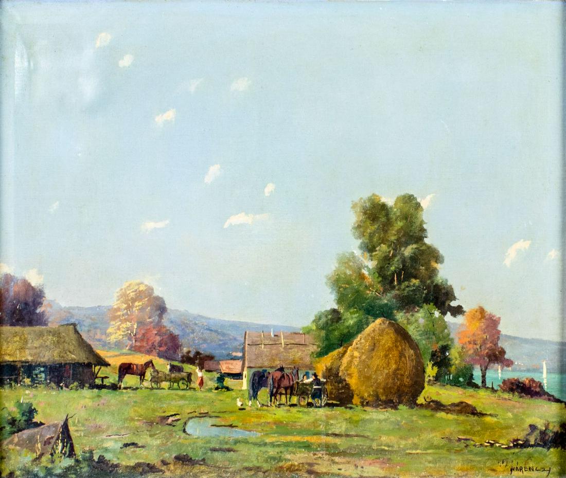 Janos Harencz (Hungary,mid 20C) oil painting: ARTIST: Janos Harencz (Hungarian, mid 20 century) TITLE: Country Landscape MEDIUM: oil on canvas CONDITION: Indentation to canvas in upper left corner. Few small paint losses. No visible inpaint under