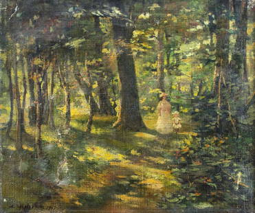 Eli Maybee (NY,FL,France,1881-1950) oil painting antique: ARTIST: Eli Delbert Maybee (New York, Florida, French, 1881 - 1950) TITLE: Forest Landscape YEAR: 1907 MEDIUM: oil on canvas CONDITION: Few patches. Some paint losses. Minor craquelure. No visible inp