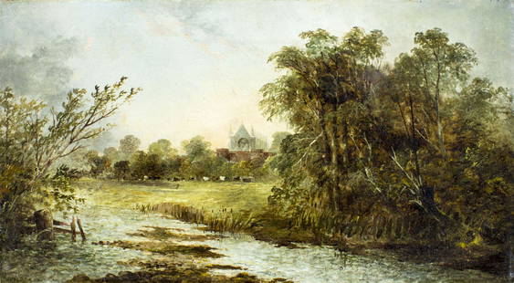 Clifford Montague (UK,1845-1901) oil painting antique: ARTIST: Clifford Montague (British, 1845 - 1901) TITLE: River Landscape MEDIUM: oil on canvas CONDITION: Relined. Few minor paint losses. Minor craquelure. No visible inpaint under UV light. Normal we