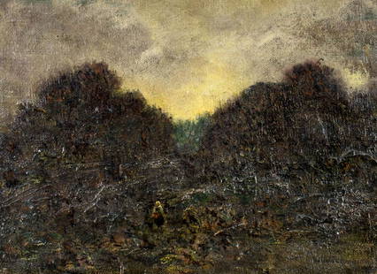 Gustav Magyar Mannheimer (Hungary,1859-1937) oil painting antique: ARTIST: Gustav Magyar Mannheimer (Hungarian, 1859 - 1937) TITLE: Landscape with Figures MEDIUM: oil on canvas. Canvas applied to board. CONDITION: Minor damages to edges and corners. No visible inpain