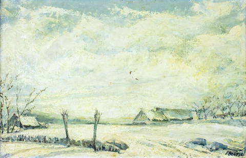 Jerzy Baurski (Polish,1905-1982) oil painting: ARTIST: Jerzy Baurski (Poland, 1905 - 1982) TITLE: Winter Country Landscape MEDIUM: oil on canvas CONDITION: One patch. Few paint losses. Minor craquelure. No visible inpaint under UV light. Some dama