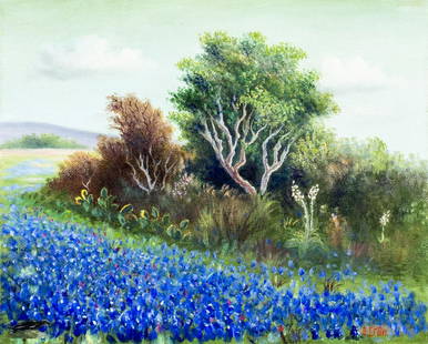 Doris Crow (Texas,20C) oil painting: ARTIST: Doris Crow (Texas, 20 century) TITLE: Bluebonnets Landscape MEDIUM: oil on canvas CONDITION: Very good. No visible inpaint under UV light. ART SIZE: 8 x 10 inches / 20 x 25 cm FRAME SIZE: unfr