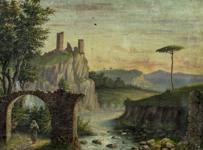 Antique 19C Italian oil painting: ARTIST: - (Italy, 19 century) TITLE: Sunset Landscape with Ruines MEDIUM: oil on canvas CONDITION: Few patches. Some paint losses. Some craquelure. No visible inpaint under UV light. ART SIZE: 17 x 22