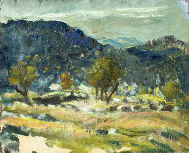 Mountfort Coolidge (NY,ME,1888-1954) oil painting: ARTIST: Mountfort Collidge (New York, Maine, 1888 - 1954) TITLE: Landscape MEDIUM: oil on canvas. Canvas applied to board. CONDITION: Some paint losses mostly along lower edge (see pictures carefully)