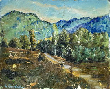 Mountfort Coolidge (NY,ME,1888-1954) oil painting: ARTIST: Mountfort Collidge (New York, Maine, 1888 - 1954) TITLE: Landscape MEDIUM: oil on board CONDITION: Some flaking/paint losses. No visible inpaint under UV light. ART SIZE: 8 x 10 inches / 20 x