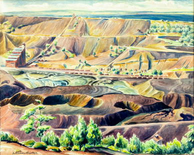 Johannes Morton (NY,early 20C) watercolor painting antique: ARTIST: Johannes Morton (New York, early 20 century) TITLE: Landscape - From Coalmining Country No4 (titled on label) YEAR: circa 1928 MEDIUM: watercolor on paper CONDITION: Minor age toning. Framed u
