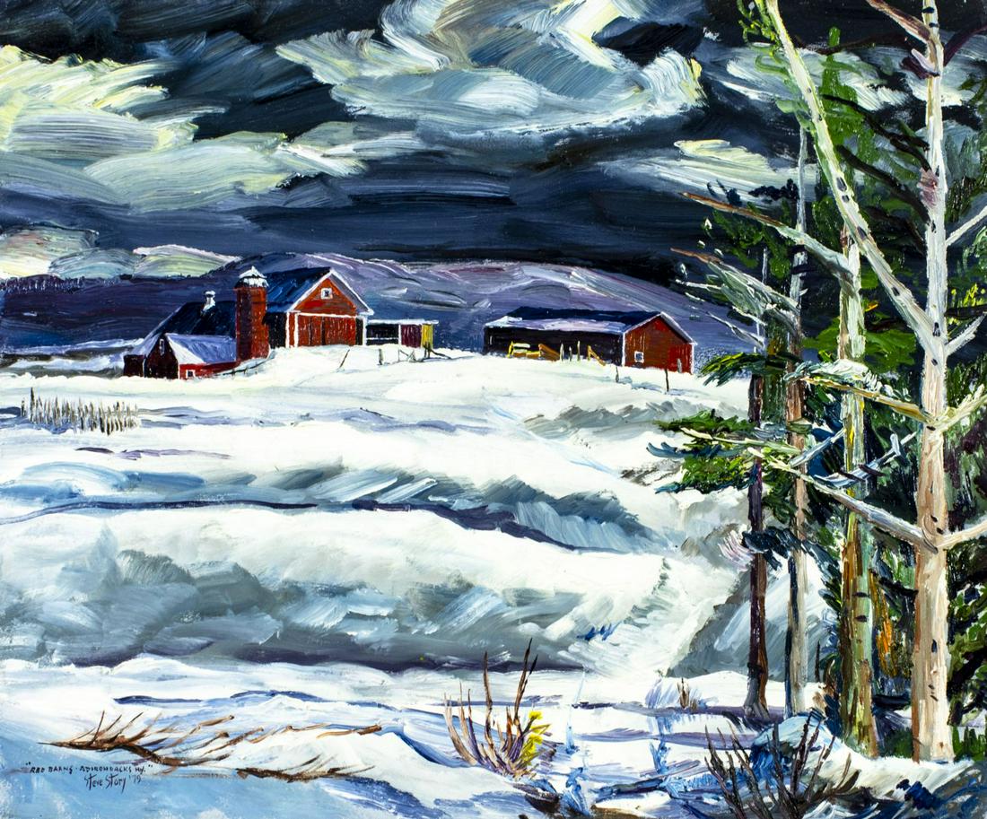 Stephen Story (NY,1915-1988) oil painting: ARTIST: Stephen S Story (New York, 1915 - 1988) TITLE: Red Barns, Adirondacks, NY (titled on verso) YEAR: 1979 MEDIUM: oil on board CONDITION: Very good. No visible inpaint under UV light. ART SIZE: 2