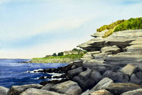 Eliot Batchelder (MA,1901-2003) watercolor painting: ARTIST: Eliot P Batchelder (Massachusetts, 1901 - 2003) TITLE: Two Light Park, Cape Elizabeth, Maine (titled on verso) YEAR: 1975 MEDIUM: watercolor on heavy paper CONDITION: Very good. ART SIZE: 15 x