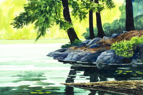 Eliot Batchelder (MA,1901-2003) watercolor painting: ARTIST: Eliot P Batchelder (Massachusetts, 1901 - 2003) TITLE: Landscape - Candlewood Lake, New York (titled on verso) YEAR: 1974 MEDIUM: watercolor on paper CONDITION: Very good. ART SIZE: 15 x 22 in
